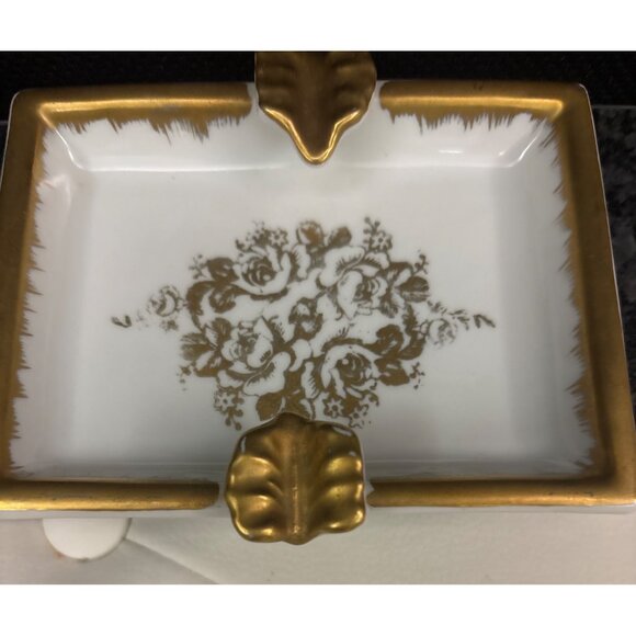 Vintage Porcelain Gold-Trim Ashtray Dish With Floral Design France Hand Painted - Picture 6 of 11